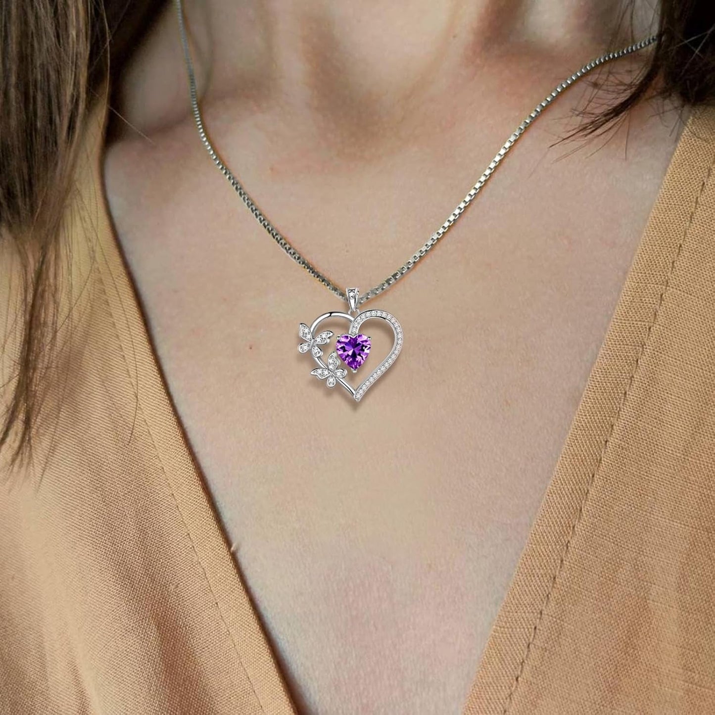 Heart Butterfly Pendant Necklace - 925 Sterling Silver Birthstone Heart Crystal Necklace Gifts for Women Jewelry Mothers Day Valentines Birthday Gifts for Girls