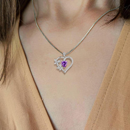 Heart Butterfly Pendant Necklace - 925 Sterling Silver Birthstone Heart Crystal Necklace Gifts for Women Jewelry Mothers Day Valentines Birthday Gifts for Girls