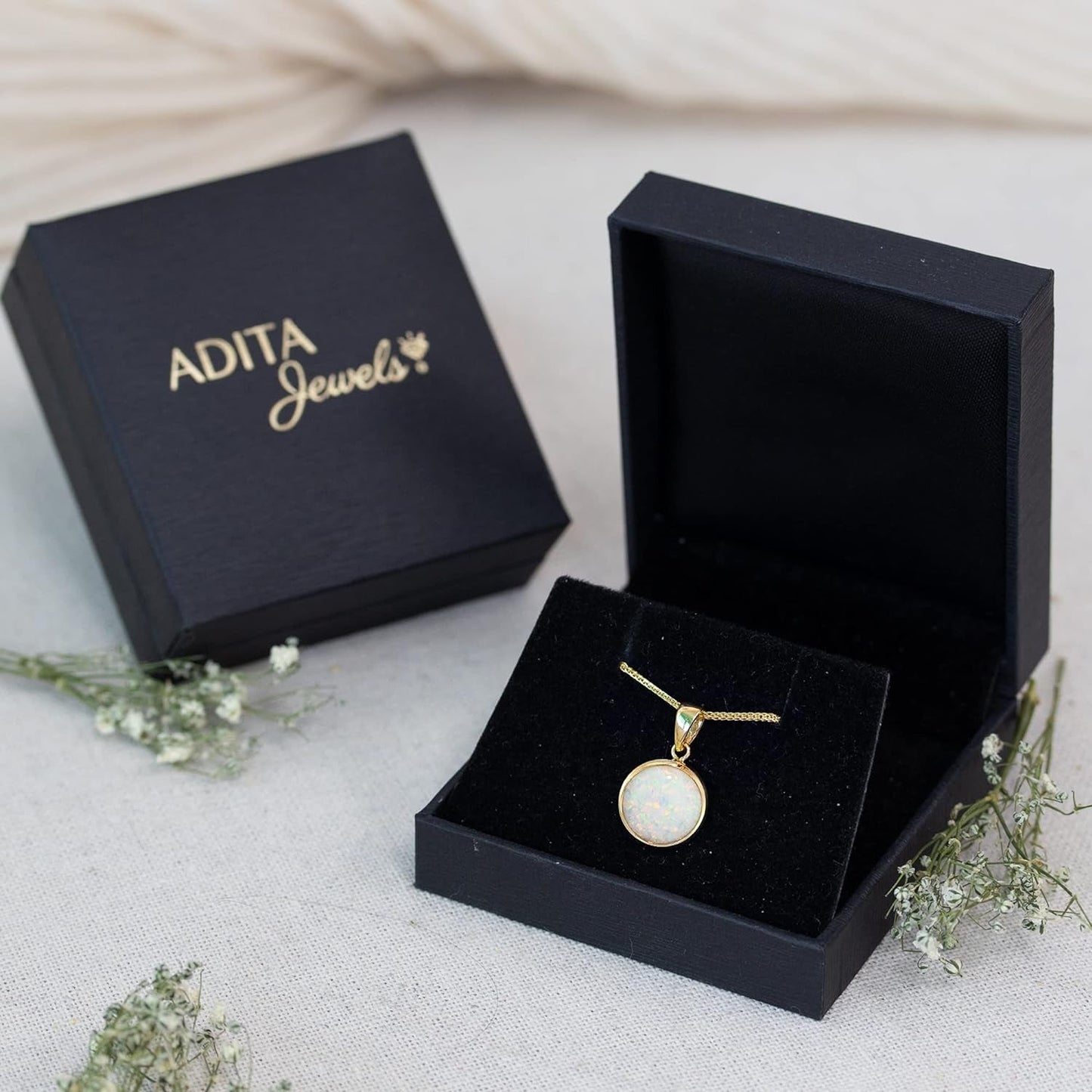 14K Gold White Opal Necklace - 14K Solid Yellow Gold Dainty Necklace with October Birthstone Pendant, 12Mm Large Size Opal Gemstone - Handmade Bridal Wedding Jewelry for Brides & Classy Women