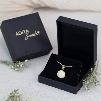 14K Gold White Opal Necklace - 14K Solid Yellow Gold Dainty Necklace with October Birthstone Pendant, 12Mm Large Size Opal Gemstone - Handmade Bridal Wedding Jewelry for Brides & Classy Women
