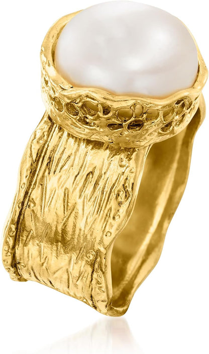 11.5-12Mm Cultured Button Pearl Ring in 18Kt Gold over Sterling