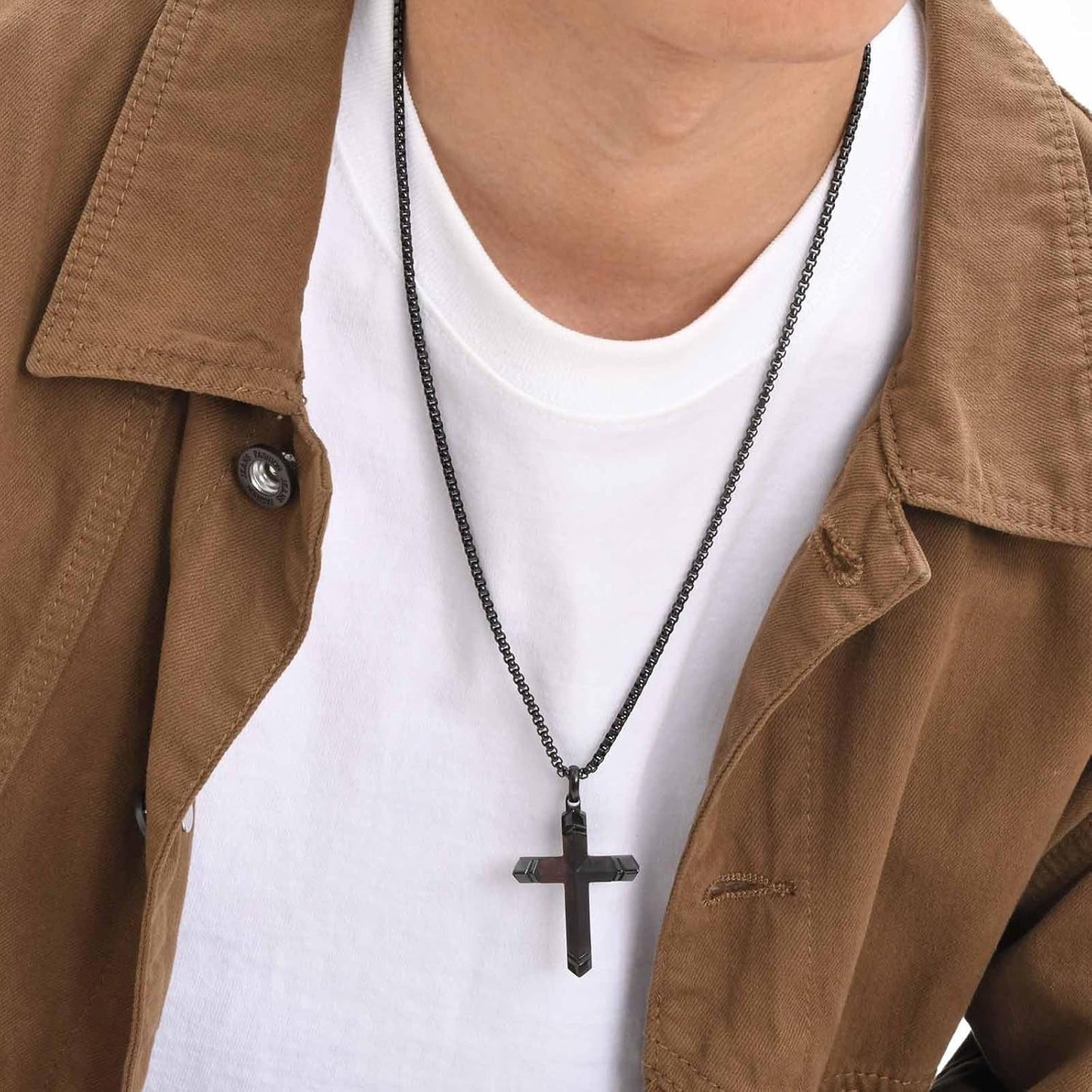 Wooden Cross Bible Verse Necklace for Men, Hawaiian Handmade Real Black Ebony Wood Cross Pendant Stainless Steel Chain, Mens Cross Necklaces Koa Wood Jewelry Christian Baptism Easter Gifts