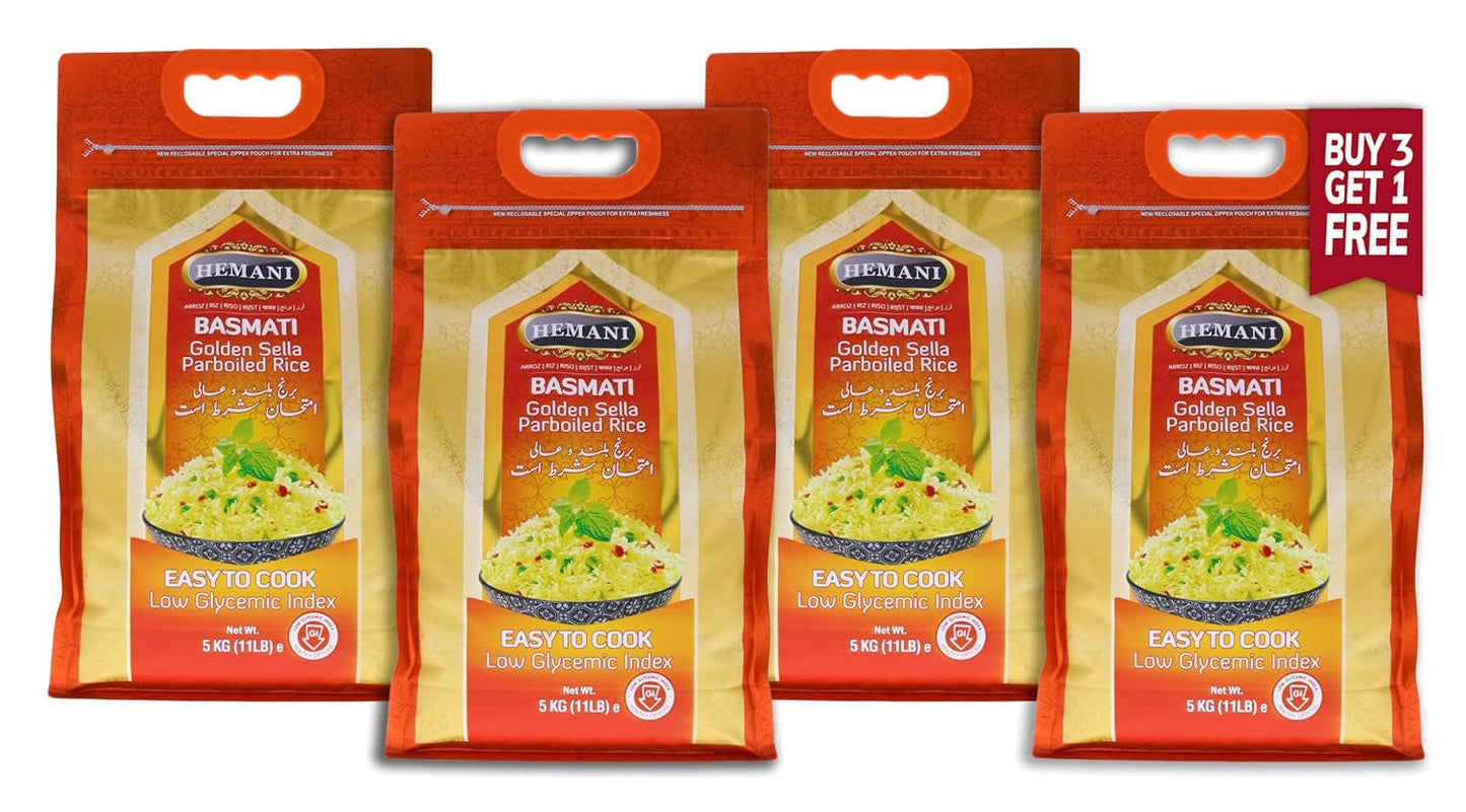 Basmati Golden Sella Parboiled Rice 11LB - Great Value Savings - 1 LB FREE - Easy to Cook - Low Glycemic Index (4 Pack: 44 Pounds)