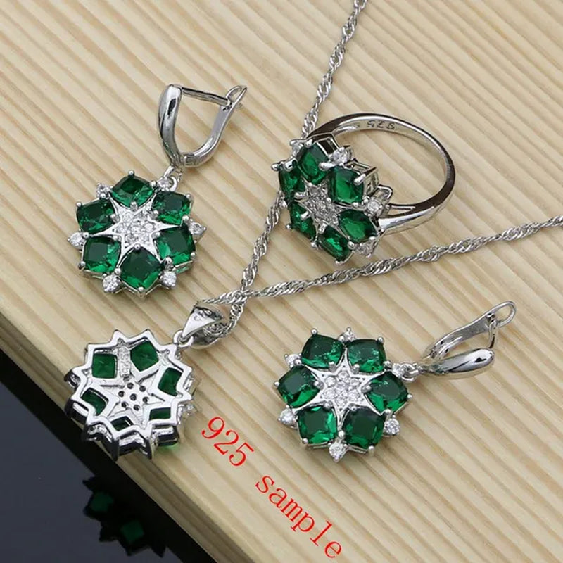 Flower Shaped 925 Silver Jewelry Green Emerald White Crystal Jewelry Sets Women Earrings/Pendant/Necklace/Rings/Bracelet