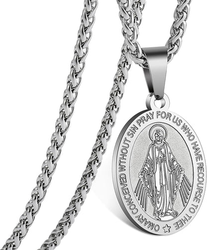 Virgin Mary Necklace for Men Boys Miraculous Medal Stainless Steel Mary Mother of God Pendant De La Virgen Maria Medallion Holy Mary Charm
