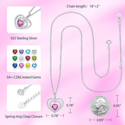 925 Sterling Silver Birthstone Necklaces for Women round Heart Cut Halo CZ Pendant Chain Necklace for Her