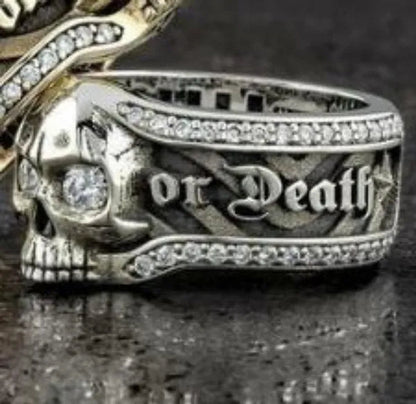 Vintage Stainless Steel Micro Inlaid Cubic Zirconia Gothic "Freedom or Death" Skeleton Skull Cocktail Rider Statement Halloween Christmas Ring Gift