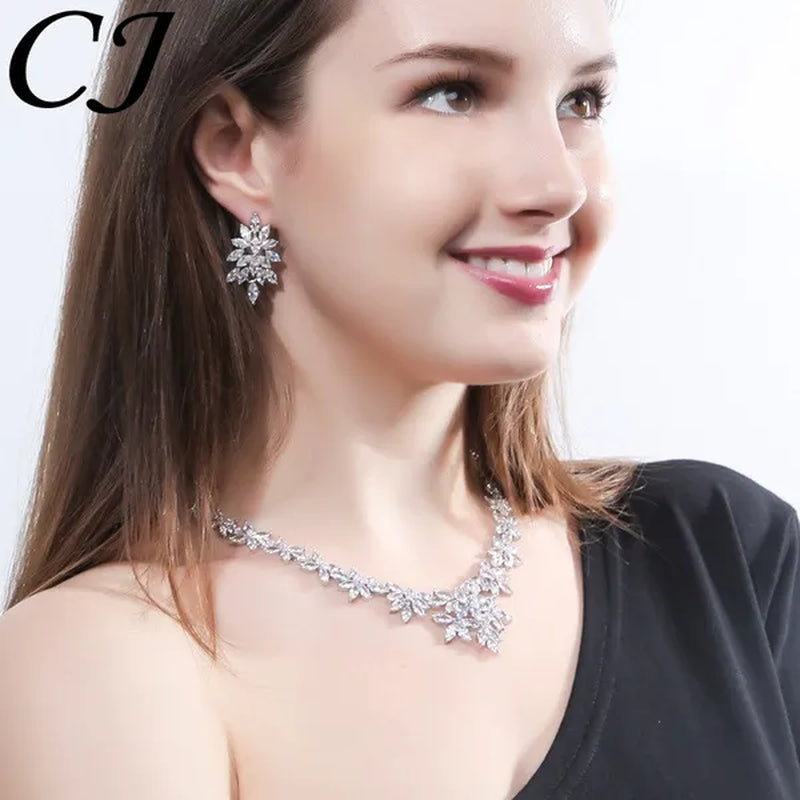 CANDICE High Quality White Gold Plated Wedding Jewelry Set Pave Luxury CZ Stone African Nigerian Big Flower Dangle Earrings Necklace for Bride - WORLD TIME VISITS