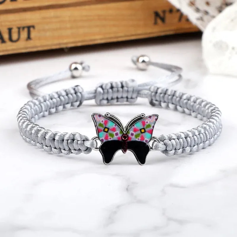 Women Black Woven Rope Bracelet Handmade Multicolor Butterfly Charm Adjustable Bracelets Fashion Friendship Jewelry Girls Gift