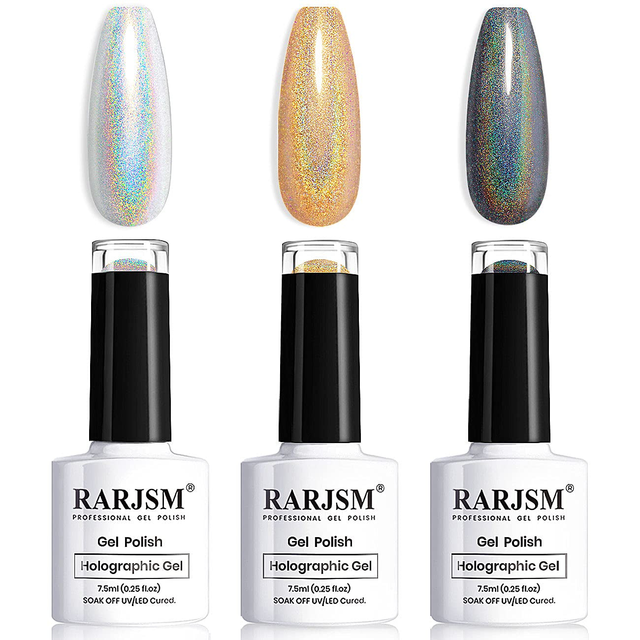 Holographic Gel Nail Polish Set 3PCS Black Gold Silver Gorgeous Glossy Soak off Nail Gel with Glitter Mermaid Unicorn Effect Lamp Curing Required for Nail Art Design Manicure Salon DIY at Home