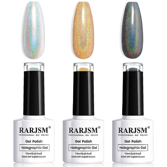 Holographic Gel Nail Polish Set 3PCS Black Gold Silver Gorgeous Glossy Soak off Nail Gel with Glitter Mermaid Unicorn Effect Lamp Curing Required for Nail Art Design Manicure Salon DIY at Home