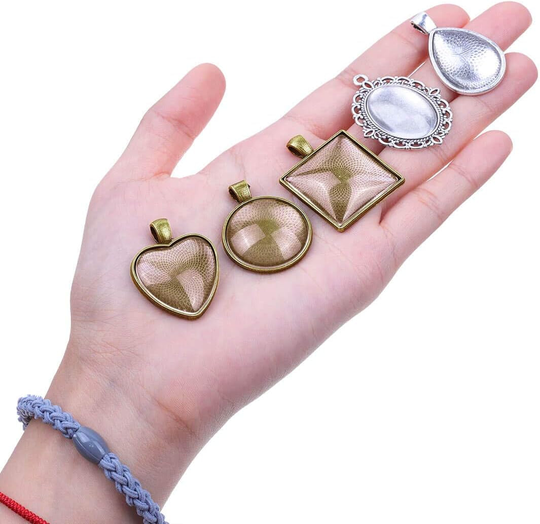 60Pcs Pendant Trays, Bezel Pendant Trays Blanks with Glass Cabochons for Pendants Making and Jewelry Making, 5 Styles