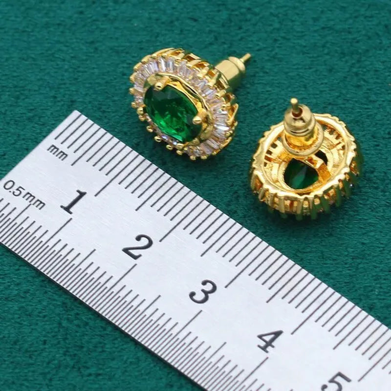 New Arrivals Gold Color Jewelry Sets For Women Wedding Green Zircon Bracelet Earrings Necklace Pendant Open Ring 4PCS