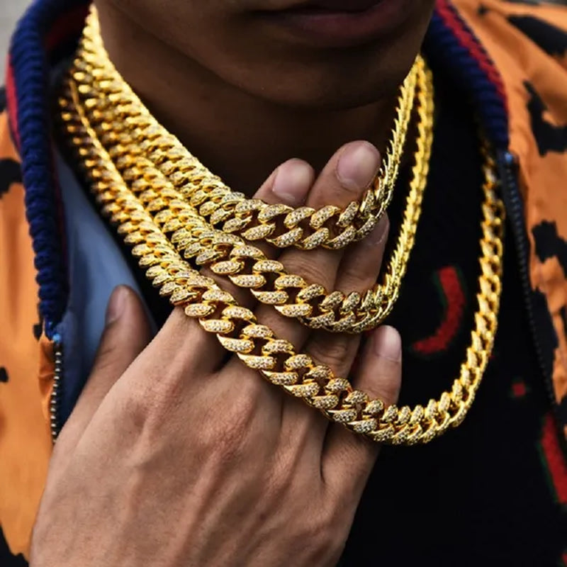 2022 New Gold/Silver Titanium Steel Chain Full Diamond Miami Cuban Link Necklace Men Punk Necklace