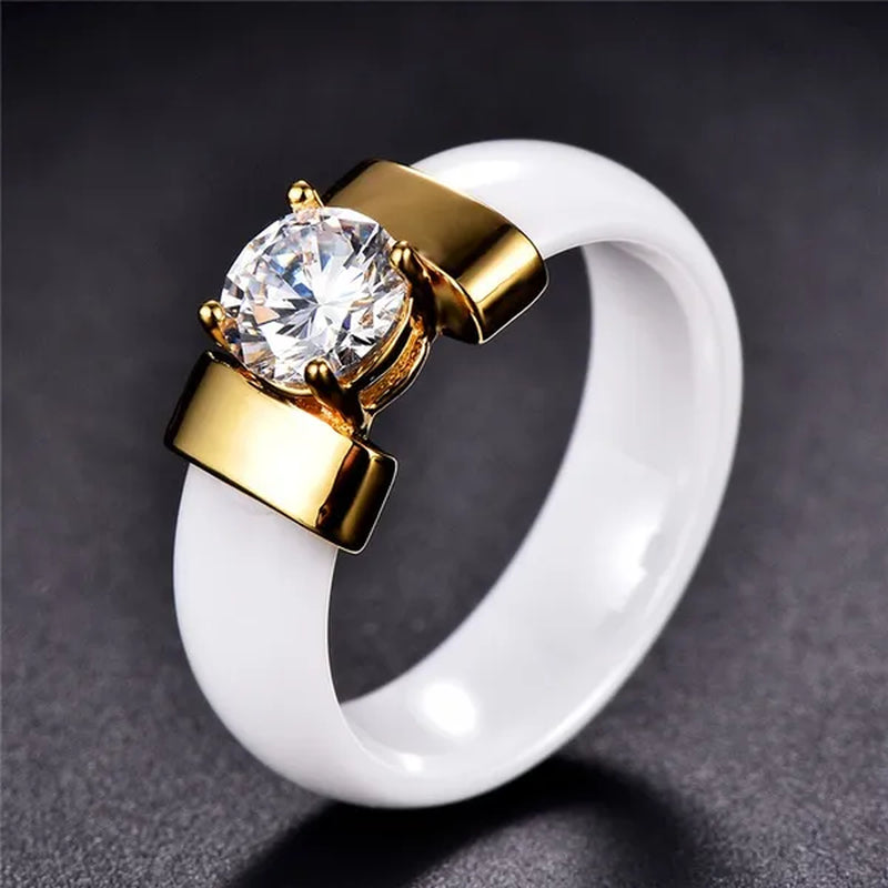 Fashion Male And Female Anti Allergy Black White Ceramic Ring Silver Gold Color  Diamond Solitare Ring Wedding Rings For Couple