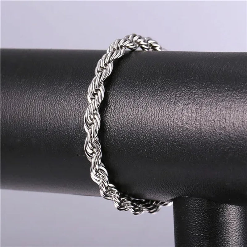 Cool Men Rope Chain Bracelet 6MM 8.3 Inches - 3 Colors Black, Silver, Gold