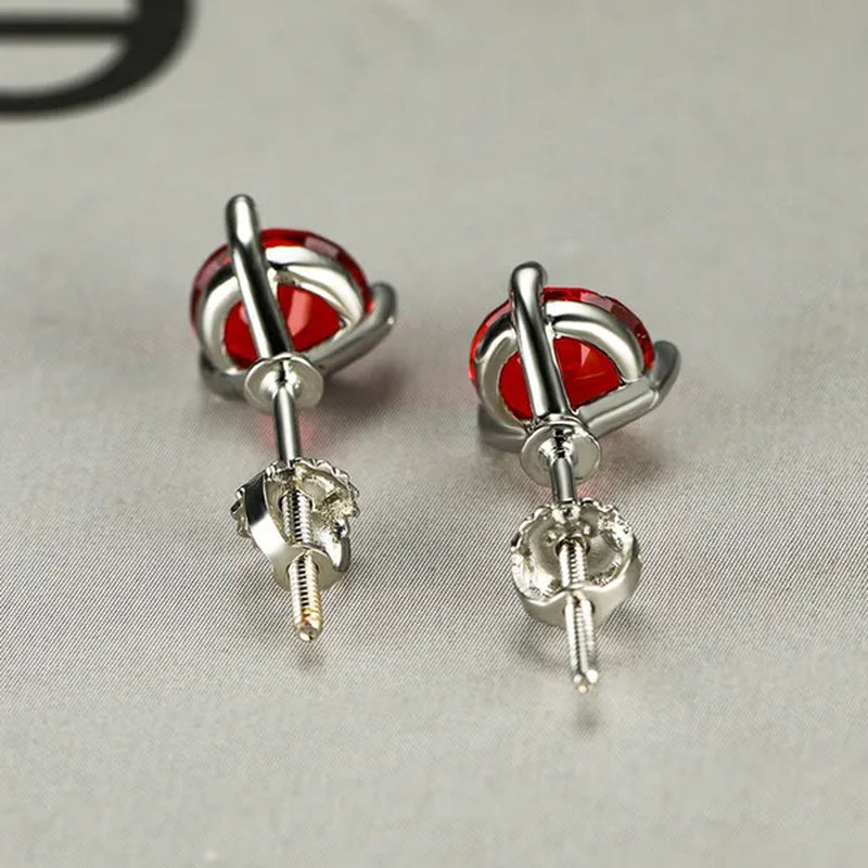 Exquisite Fashion Women Love Princess 925 Silver Round Cut Ruby Garnet Three Prong Stud Earrings for Women Bridal Wedding Jewelry Gifts