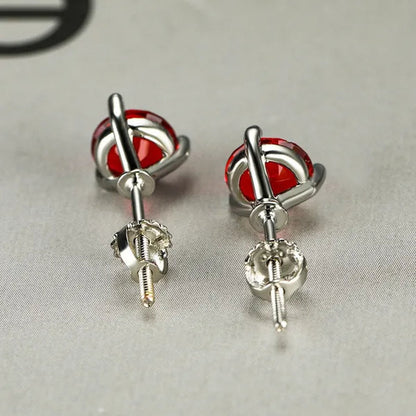 Exquisite Fashion Women Love Princess 925 Silver Round Cut Ruby Garnet Three Prong Stud Earrings for Women Bridal Wedding Jewelry Gifts