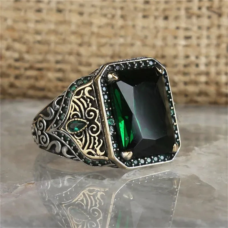 Ring Men's Retro Ethnic Texture Inlaid Large Grain Sapphire, Ruby, Black Gem, Emerald Ring, Domineering Fashion Jewelry Accessories, Father's Day Boyfriend Memorial Day Gift, Party Business Casual Jewelry
