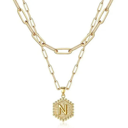 Dainty Layered Initial Necklaces for Women, 14K Gold Plated Paperclip Chain Necklace Simple Cute Hexagon Letter Pendant Initial Choker Necklace Gold Layered Necklaces for Women