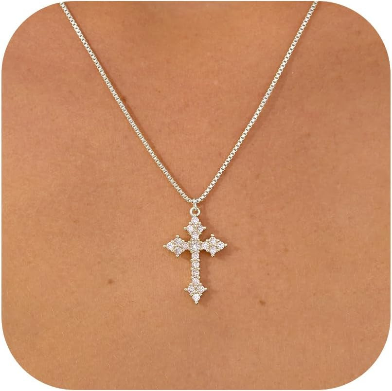 Cross Necklace for Women - 14K Gold/White Gold Plated Simple Dainty Diamond Cross Pendant Necklace with Cubic Zirconia Jewelry Gift for Her