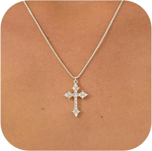 Cross Necklace for Women - 14K Gold/White Gold Plated Simple Dainty Diamond Cross Pendant Necklace with Cubic Zirconia Jewelry Gift for Her