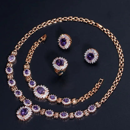 CANDICE Dubai Wedding 4 Pieces Set Elegant Red Zirconia Paved Yellow Gold Plated Engagement Party Ring Earrings Bracelet Necklace Sets for Women