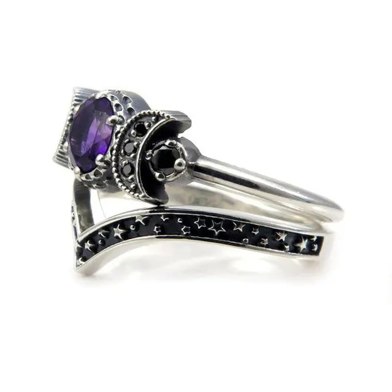 Hecate Triple Moon Ring Set Silver and Black Diamond Engagement Rings Amethyst or Red Crystal Wedding Ring Unique Moon Goddess Rings for Women Fashion Jewelry Boho & Hippie & Gothic Anniversary Gift