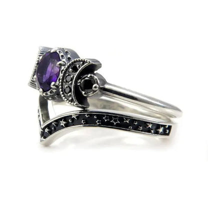 Hecate Triple Moon Ring Set Silver and Black Diamond Engagement Rings Amethyst or Red Crystal Wedding Ring Unique Moon Goddess Rings for Women Fashion Jewelry Boho & Hippie & Gothic Anniversary Gift