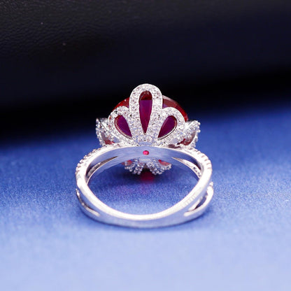 Female Unique Beautiful Red Flower Engagement Wedding Ring - Charm Created Garnet Diamond Jewelry for Women (Size 6 7 8 9 10) RJ212