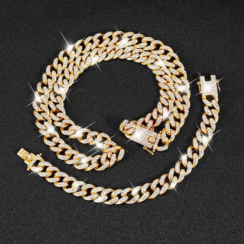 13MM  24K Gold/925 Silver Iced Out BlingBling Diamond Cuban Link Chain Miami Choker Necklace Bracelet Jewelry Set for Fashion Men and Women Hip Hop Jewelry