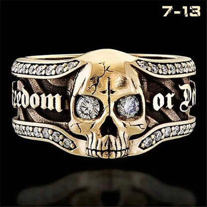 Vintage Stainless Steel Micro Inlaid Cubic Zirconia Gothic "Freedom or Death" Skeleton Skull Cocktail Rider Statement Halloween Christmas Ring Gift