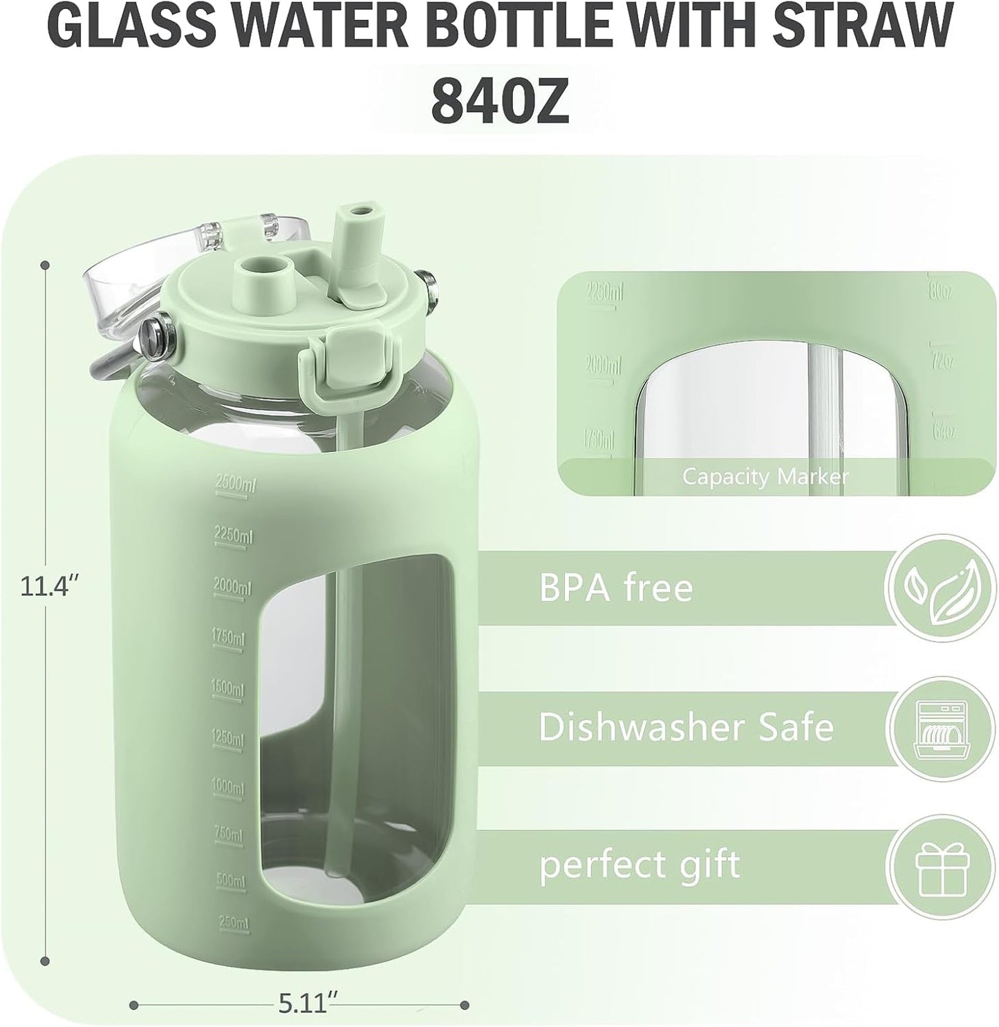 84Oz Water Bottle Glass with Stainless Steel Handle Large Water Bottle with Time Markers and Silicone Sleeve Half Gallon Water Jug BPA Free for Gym Daily Use, Light Green - WORLD TIME VISITS