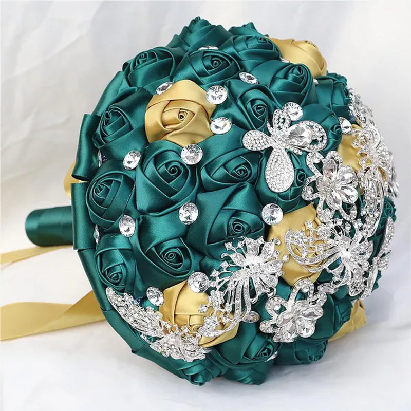 21CM Silver Rhinestone Bridal Hand Flowers Ribbon Wedding Hand Bouquet Mixed Color Silk Rose Diamond Brooch Bridesmaid Bouquet Wedding Supplies