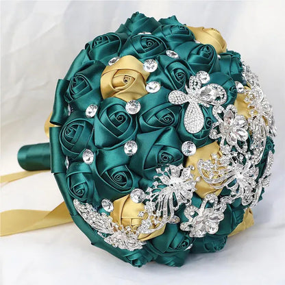 21CM Silver Rhinestone Bridal Hand Flowers Ribbon Wedding Hand Bouquet Mixed Color Silk Rose Diamond Brooch Bridesmaid Bouquet Wedding Supplies