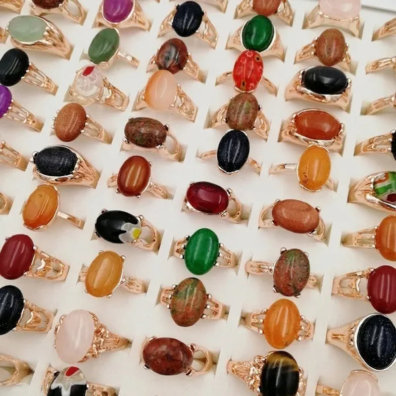 Mixed Wholesale 20Pcs/Gold-plated Natural Gem Ring Printing Rose-gold Women's Jewelry