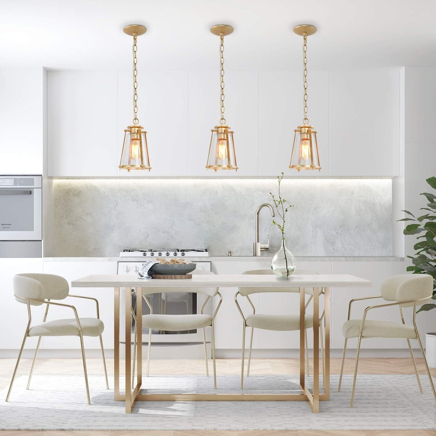 Gold Pendant Lighting for Kitchen Island, Hanging Brass Light Fixtures with Seeded Glass for Dining Room, Foyer