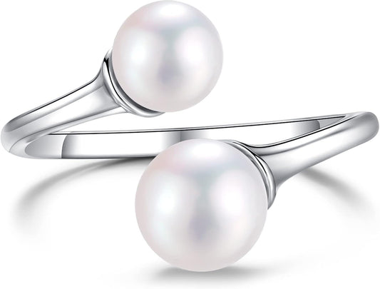 2 Pearl Ring Sterling Silver Double Pearls Rings for Women 925 Adjustable Open June Birthstone Rings for Teen Girls with Real round Genuine Freshwater Cultured Stackable