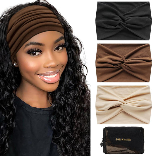 Wide Headbands for Women, Large Hairband, Elastic Non-Slip Headband Twist Knotted Accessories, Yoga Workout Vintage Hair 3 Pack (Colour-8)
