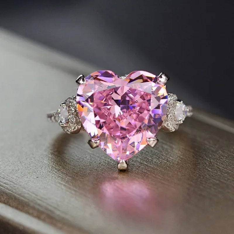 Luxury Silver Plated Simulated Pink Heart-Shaped Lab Diamond Engagement Ring with Side Stones Promise Bridal Ring