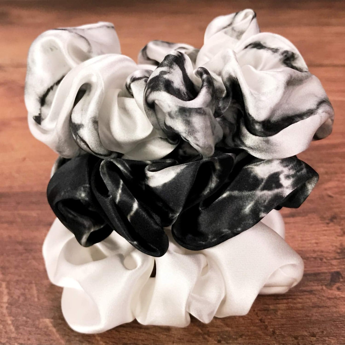 Mulberry Silk Scrunchies for Hair (Black Marble, White Marble, Ivory)