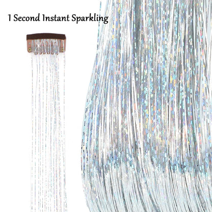 23.6Inch Clip in Hair Tinsel Kit, Silver Hair Tinsel Heat Resistant Fairy Hair Tinsel Clip in Glitter Hair Extensions, Tinsel Hair Sparkles Festival Hair Accessories for Women Girls (Silver)