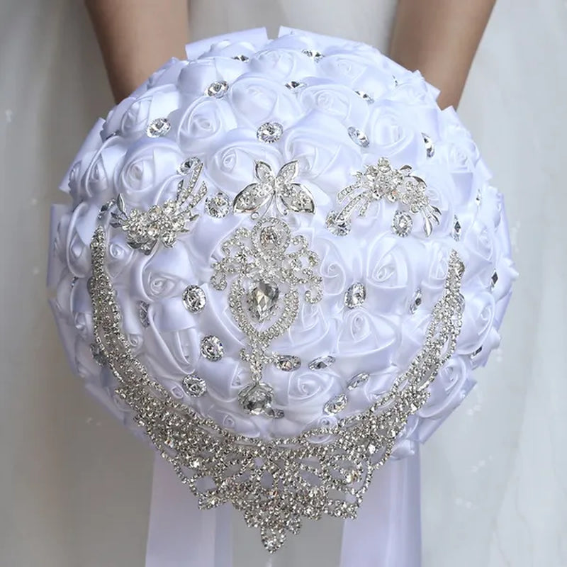 21Cm Artificial Ribbon Rose Brooch Bouquets Crystal Handmade Bride Wedding Silk Flower Bouquet Party Rhinestone Bridal Bouquet Wedding Accessories