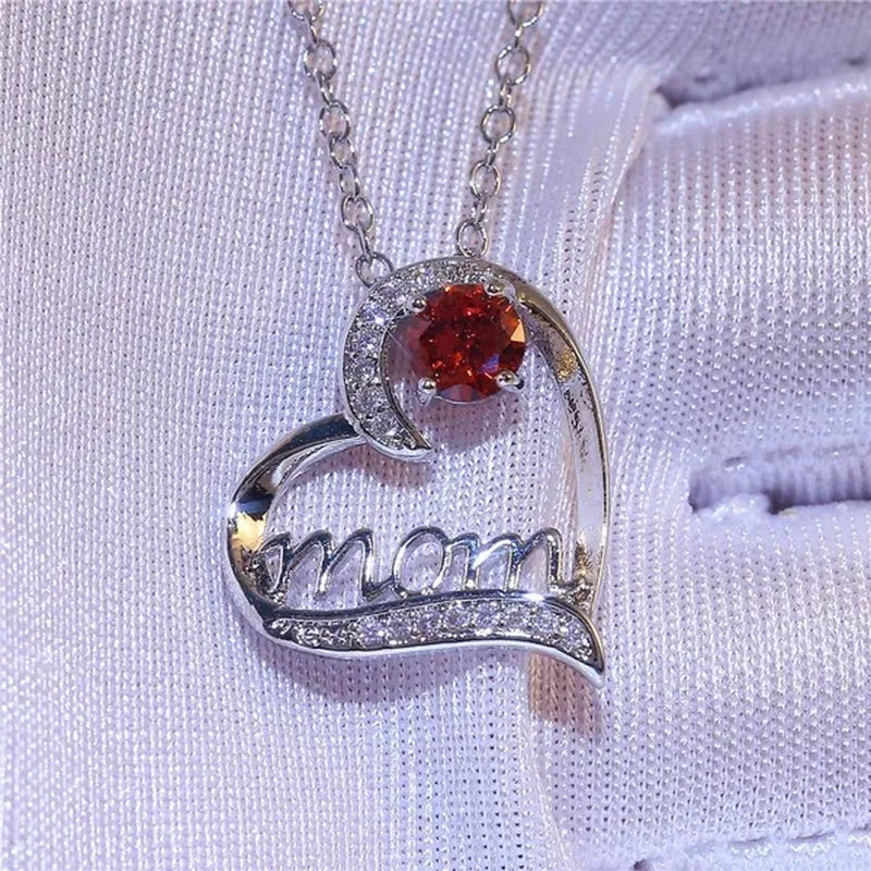 Love Mum Silver Plated Ruby MOM Character Emerald Necklace Jewelry Family Birthday Best Gift for Mother Mummy Party Wedding Band Necklace Christmas Gift