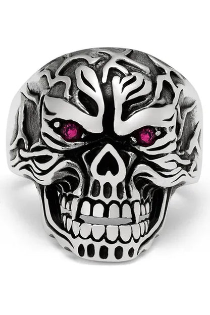 Men'S Sculpted Skull Biker Ring Sterling Silver 925 with Red Ruby Eyes CZ 25MM