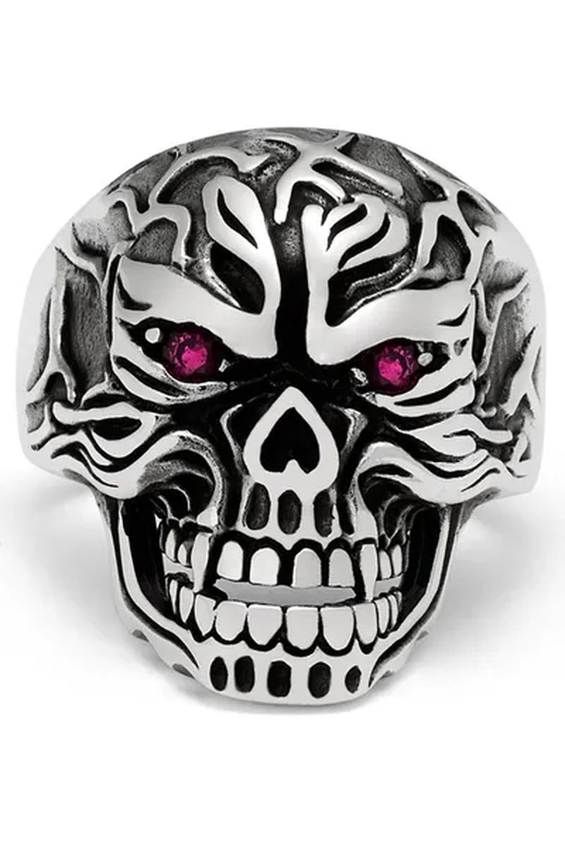 Men'S Sculpted Skull Biker Ring Sterling Silver 925 with Red Ruby Eyes CZ 25MM