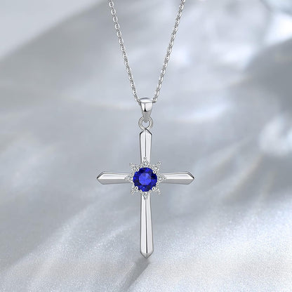 Birthstone Cross Necklace for Women Sterling Silver Birthstone Necklace Halo Infinity Cross Pendant Necklace Fine Jewelry Valentines Day Gifts Birthday Holiday Gifts for Her, 16"+2" Inches
