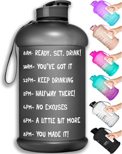 Half Gallon Water Bottle with Times to Drink BPA Free Leak Proof Reusable Jug with Handle 64 Oz - WORLD TIME VISITS