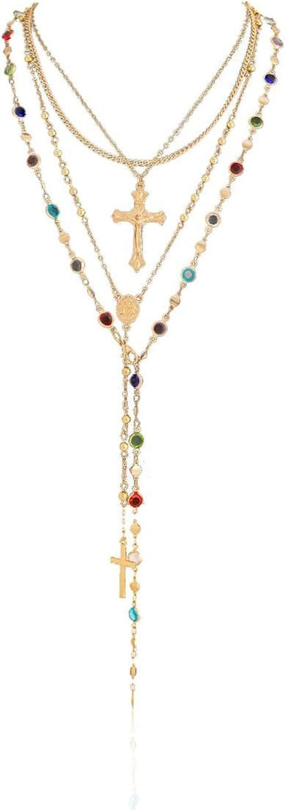 Gold Color Cross Pendant Necklace Set for Women,Dainty Big Crystal Cross Imitation Pearl Layered Chain Necklace Summer Party Jewelry - WORLD TIME VISITS