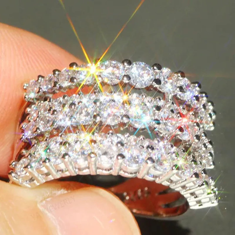 Princess Cubic Zirconia Statement Multilayer Ring Natural Gemstones White Sapphire Ring Anniversary Wedding Bride Engagement Band Charm Mum Ring Jewelry Valentine's Day Gifts Christmas Gift